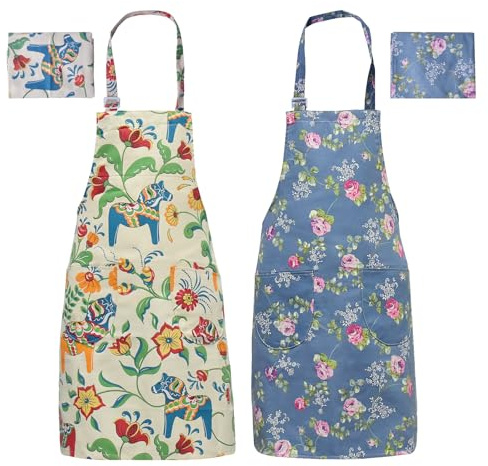 2 Stück Verstellbare Florale Latzschürze, Kochschürze Damen, Baumwolle Leinen Schürze mit Großen Taschen, Schöne Schürze mit Nackenriemen Chef Aprons für Unisex, für Kochen Backen Gartenarbeit & Café