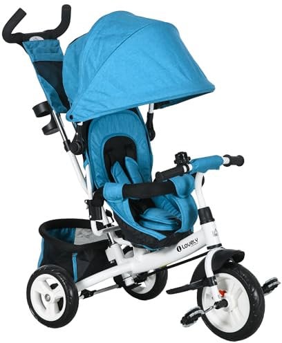 HOMCOM Dreirad 6-in-1 mit Schubstange für 1-5 Jahre Kinder bis 25kg, Kinderdreirad mit Vorwärts und Rückwärtsfahrt, Korb Tasche Becherhalter Sonnendach, Blau