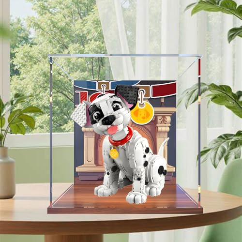 Acryl-Figuren Display Box für LE-GO für 43269 Dalmatiner Pup-py Acryl Aufbewahrungsbox staubdicht transparente Box benutzerdefinierte Vitrine Aufbewahrungsbox (kein Modell) (Nussbaum + Hintergrund)
