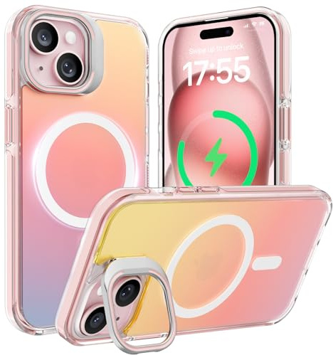 ORNARTO Compatible with iPhone 15 Case 6.1, Wireless Charging Magnetic Phone Cases with Camera Stand, Rainbow Holographic Shockproof Iridescent Cover -Sunset