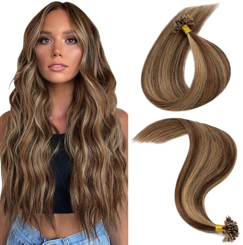 MY-LADY Extensiones Queratina Pelo Natural 25pcs 35 cm U Tip Hair Extensions Brun Moyen/Blond Foncé Cabello Humano Remy Hair20g #4P27