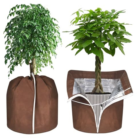 2 Stück Topfschutz Pflanzen Winter mit Reißverschluss und Kordelzug40x40cm | Thermo Topfschutz Winterschutz Pflanzenschutzsack für Kübelpflanzen Pflanzen Wurzeln Halten Warm Braun