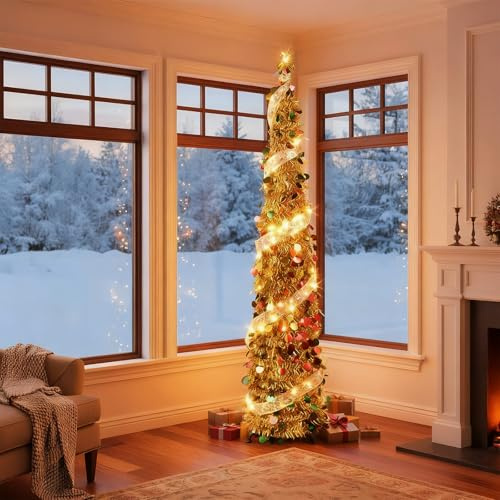 Árbol de Navidad Pop up retráctil Dorado de 150 cm con Lentejuelas Rojas y Verdes, árbol de Navidad Plegable con Luces LED para decoración navideña de Interiores, Apartamentos y Espacios pequeños