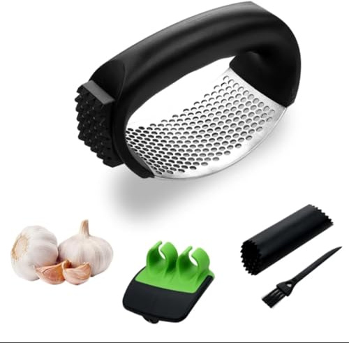 Talyona Knoblauchwippe/presse 4-in-1 aus Edelstahl–Garlic Knoblauchzerkleinerer mit Schäler, Reinigungsbürste & Mini-Schneider–Ergonomischer Knoblauch Crusher, leicht zu reinigen, spülmaschinenfest