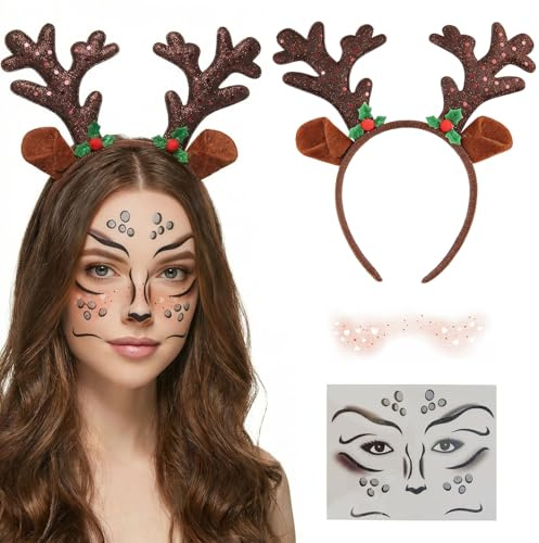 ePicsoa Haarreif Rentier, mit Blumen, Reh Haarreif, Reh Tattoo Gesicht | Gesichts Rouge Aufkleber, Accessoire, Reh Rentier Stirnband Haarschmuck für Mottoparty, Karneval,Cosplay