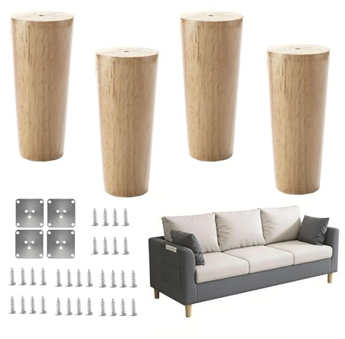 Rthynti 4 Pcs Wooden Furniture Legs, 10 cm Legs for Furniture with 32 pcs Screw and 4 Pcs Mounting Plates, Straight Solid Tapered Wood Replacement Sofa Legs for Bed, Table, Chair, Sofa, Footstool