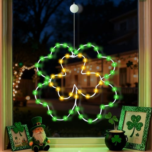 LED Fenster Licht Grün Kleeblatt Fensterdeko Lichterkette Fensterbeleuchtung Ganzjährig Kleeblatt Fensterlicht Deko Beleuchtet Aufhängen Batterie für St. Patrick's Day Valentinstag Frühlingsdeko (B)
