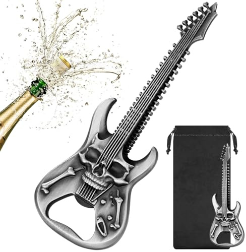 LULLEA Skull Guitar Bottle Opener – Rock Music Bar Tool for Men & Women – Silver Guitar-Shaped Beer Opener with Gift Bag – Ideal Music Gift for Birthday, Father’s Day, Christmas, BBQ, Camping