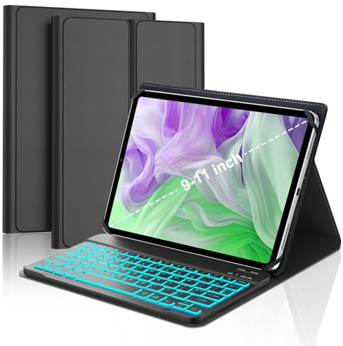 FOGARI Universal Keyboard Case for 9, 10 11 tablet | 7 Colors Backlit Detachable UK Layout Keyboard, Smart Stand Folio Cover with Pencil Holder for All 9-11 inch tablet, Black