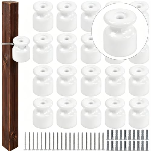 PULCINELLI 20Uds Aisladores de Porcelana Blanca para Cable Trenzado Ø19mm | Abrazaderas de Cerámica con Tornillos y Tacos Abrazadera Cable para Instalación Lámparas Vintage DIY Techo Pared