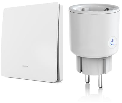 FXSFDFO Funksteckdose mit Fernbedienung Set (Batterielos), Kinetischer Selbstversorgender Funkschalter & Steckdose, 3680W 16A Hohe Leistung, 30m RF Reichweite, Plug & Play (Weiß-1Switch-1Socket)