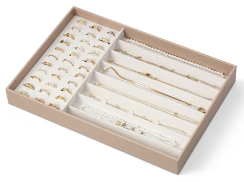 VLANDO Stackable Jewellery Organiser, Jewellery Tray for Rings & Necklaces | 33 Ring Slots, 8 Necklace Sections, Tangle-Reducing Layout, 34 x 23.7 x 4.2 cm, Gift for Women, Drawer Storage, Toffee
