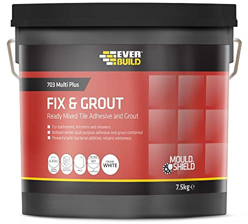 Everbuild 703 Fix And Grout Tile Adhesive – Ready Mixed – Anti-Mould – Water Resistant – High Strength – Brilliant White – 7.5kg
