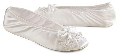 isotoner Women’s Rose Quilted Ballerina Slippers with Rhinestone Embellishment and Genuine Suede Sole , White, 9.5-10.5 US