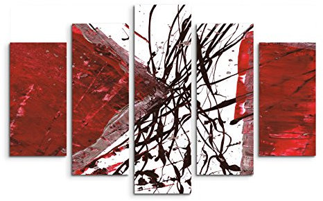 5 teiliges Wandbild auf Leinwand (Gesamt: H: 100cm B: 160cm) Keilrahmenbild Canvas Fotodruck Leinwandbild Leinwanddruck Kunstdruck Wandbild rot schwarz weiß Striche