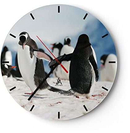 Modern Wanduhr Pinguine Winter Natur Schnee 40x40cm Rund Groß Wand Uhr Glas Analog Zimmeruhren Küche Büro Wohnzimmer Glasuhr Wall Clock Dekoration Design Wanddekoration Küchenuhr C3AR40x40-2974
