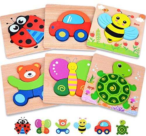 Wooden Toddler Puzzles Gifts Toys for 1 2 3 Year Old Boys Girls Baby Infant Kid Learning Educational 6 Animal Shape Jigsaw Eco Friendly Child Kid Montessori Stem Travel Toy