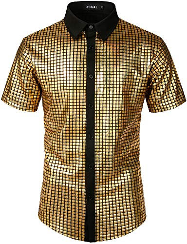 JOGAL Herren Pailletten Kleid Shirt 70er Disco Party Kustüm Large Gold