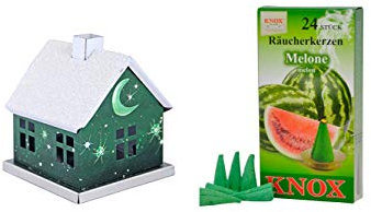 KNOX - Räucherhaus Romantik aus Metall für Räucherkerzen Größe M - Farbe: Grün - Maße: ca. 6 x 6 x 6,5 cm - Inklusive 24 Stück Räucherkerzen - Duftnote: Melone