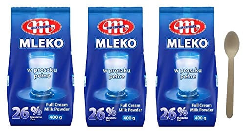 Mlekovita Vollmilchpulver 26% Fett, Nettogewicht - 400 g x 3 (1200 g) Sparset mit Löffel 16cm