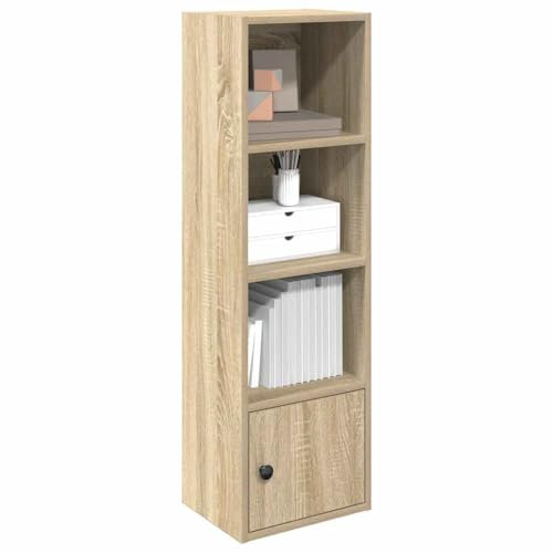 Makastle Bücherregal Klein mit 3 Fächern und 1 Tür, Standregal DVD Regal Aufbewahrungsregal Büroregal Aktenregal für Wohnzimmer Arbeitszimmer Büro, Sonoma-Eiche 31x24x102 cm Holzwerkstoff
