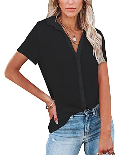 NONSAR Blusa para Mujer de Manga Larga y, Cuello de Pico, con Botones, Elegante, Informal, para Trabajo, Camisa de Manga Larga, Manga Corta Negra., L