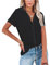 NONSAR Blusa para Mujer de Manga Larga y, Cuello de Pico, con Botones, Elegante, Informal, para Trabajo, Camisa de Manga Larga, Manga Corta Negra., L
