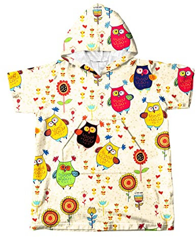 Highdi Badeponcho Mikrofaser Kinder Badetücher Badehandtuch Poncho Handtuch Surfponcho mit Kapuzenhandtuch Weich und Saugfähig Handtuch für Jungen Mädchen Teenager (beige Eule,L(58x74cm))