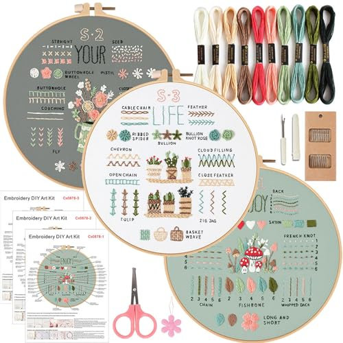Smart-Feather 3 Sets Stickstich-Übungsset für Anfänger, grundlegende und fortgeschrittene Stickstiche, absolute Stickerei-Starter-Kits, Hand-Bastel-Set (Stitch)