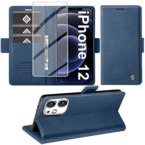 Giyer Handyhülle für iPhone 12/12 Pro Hülle mit Schutzfolie, Standfunktion Kartenfach Wallet Premium Leder Schutzhülle für iPhone 12/12 Pro 5G 6.1 Zoll Flip Case Cover Stoßfeste Klapphülle (Blau)