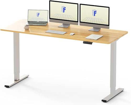 FLEXISPOT 160x80cm Electric Standing Desk Height Adjustable Desk ONE PIECE Sit Stand Desk Stand Up Desk with Memory Smart Pannel (White Frame+Maple Desktop)