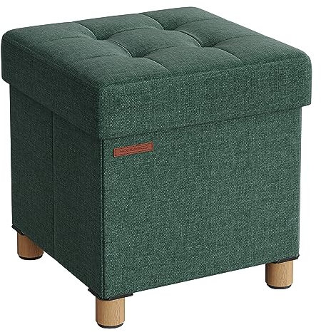 SONGMICS Sgabello portaoggetti piccolo pouf pieghevole, 38 x 38 x 40 cm, poggiapiedi cubico con deposito, carico fino a 300 kg, per soggiorno, camera da letto, dormitorio, verde retrò LSF014C11