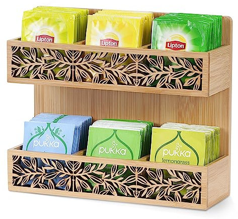 QILICZ Organizador de Bolsas de Té Con 6 Compartimentos - Soporte Vertical y Montaje en Pared - Para Té, Azúcar y Cápsulas de Café