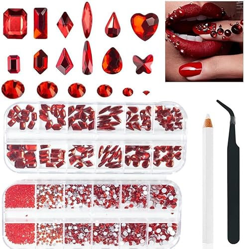 ALOCIAM Rot Kristall Nagel Steine,Nagelsteine Gelnägel für Glanz Nail Art Make-up DIY Dekoration Flatback Runde Bead Strass Edelstein Schmuck Diamant,Glas Strasssteine für Nägel Klein Set