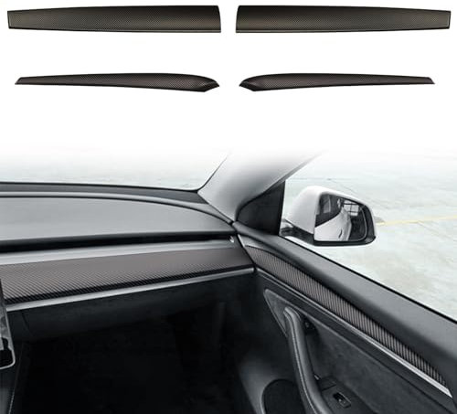 YJMOTOR for Tesla Model 3 Y Dash Wrap Front Door Trim ABS Dashboard Cover Cap Interior Decoration Wrap Kit Compatible Whit 2020-2023 Model 3/Y Accessories 4Pcs(Matte Carbon Fiber Pattern)