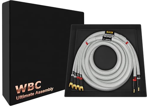 WORLDS BEST CABLES 6 Foot Ultimate - 7 AWG - Ultra-Pure OFC - Premium Audiophile HiFi Bi-Wire Speaker Cable for Center Channel - Eminence Gold Banana (x2) & Spade (x4) Plugs & Silver Tweed Jacket