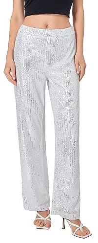 Caziffer Damenhose, gerade, mit Pailletten, lässig, einfarbig, schick, hohe Taille, silber, Small