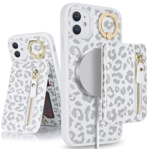 SailorTech iPhone 11 Phone Leather Case with Credit Card Holder Magsafe, iPhone 11 Case Ring Stand with Kickstand Card Slots Wallet Detachable 2-in-1 Zipper Case - White Leopard