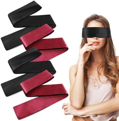 Prasacco 4 Stück Satin Augenbinde, Weiche Schlafmaske 150 x 7 cm Verstellbare Augenabdeckung Reise-Augenmaske Satin Augenmaske für Frauen, Männer, Erwachsene, Paare (2 Schwarz + 2 Weinrot)