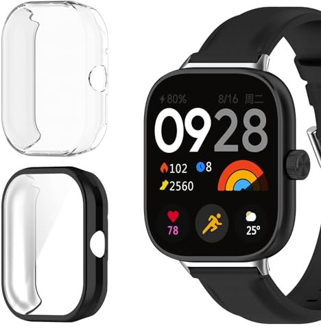 ToVioc [2 Stück] Hülle mit Schutzfolie Kompatibel mit Xiaomi Redmi Watch 4, Anti-Kratzfest, Vollschutz Shell, Flexible TPU Schutzhülle für Xiaomi Redmi Watch 4 - Schwarz & Transparent