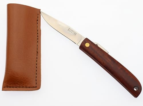 Couteau de Poche Pliant Japonais Fait à la Main au Japon par Mr KOTOH Acier D2 Manche Bois Couteaux Artisanal Mécanisme de Verrouillage par Friction (Bois Rouge Premium)