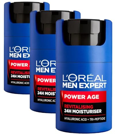 NEW L'Oréal Men Expert Power Age Moisturiser, Hydrating & Revitalising Hyaluronic Acid Moisturiser for Men, designed for Ageing, Dry & Dull Skin 50ml (Pack of 3)
