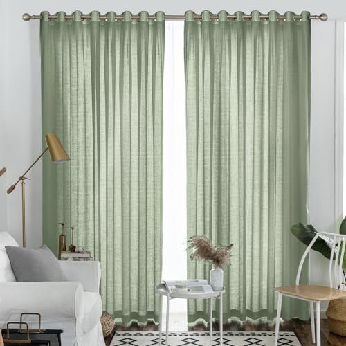 Melodieux Sage Green Semi Sheer Curtains 108 Inches Long for Living Room Patio Door, Extra Long Bedroom Linen Look Rustic Grommet Sheer Drapes, 52 W x 108 L, 2 Panels