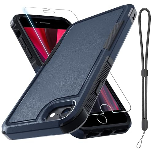 RMOCR Apple iPhone 8/7/SE Phone Cases, Military Grade Heavy Duty Shockproof Phone Cover with Screen Protector, Camera Lens Cover and Wrist Lanyard Strap, 4.7 inch, Navy Blue