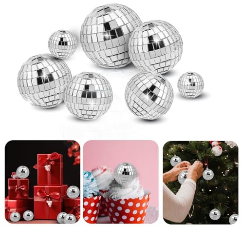 ZEYIYER 7 Stück Disco Spiegel Ball, Dia. 2,3/3/4/5 CM Discokugel Kuchen Toppers Silber Discokugel Weihnachtsbaum, Spiegelkugel zum Aufhängen, Disco Ball Dekoration für 70er Hochzeit Geburtstagsfeier