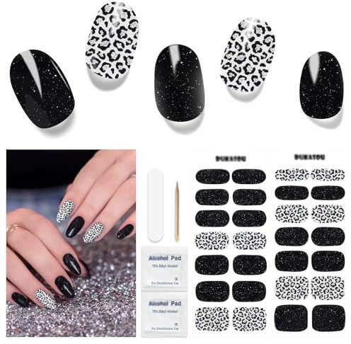 Nagelfolie UV Härtend -28 Stück Halb ausgehärtete Gel Nagelstreifen Halloween Nail Sticker Nagelfolien Selbstklebend, Long Lasting Art Stickers DIY für Damen Mädchen (Black)