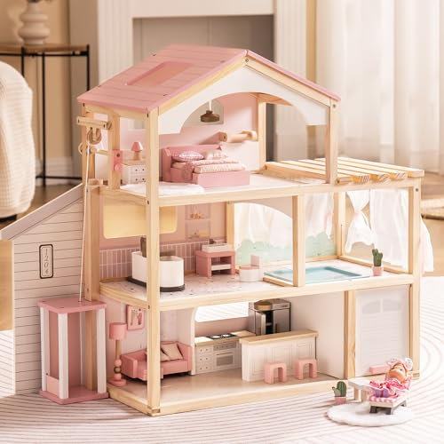 ROBUD Maison de poupée en Bois, Villa de poupée avec Meubles, avec Ascenseur, Garage, pavillon et Piscine, Cadeau pour Enfants à partir de 3, 4, 5, 6 Ans et Plus, Rose