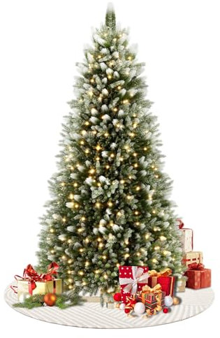 Aufun Árbol de Navidad artificial con iluminación, 180 cm, de PVC, con nieve, abeto noble, construcción rápida, difícilmente inflamable, incluye soporte para árbol de Navidad (1,8 m, blanco natural