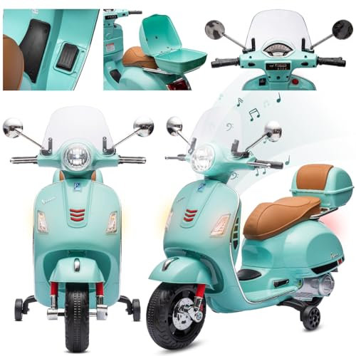 Vespa Elektro Kindermotorrad ab 3 Jahren mit Kunststoffräder und -sitze, Kofferraum, MP3-Player, USD MicroSD AUX-Anschluss. Elektroroller, Kinderroller (Turkis)