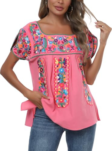 Mexican Shirts for Women Embroidered Tops Traditional Peasant Summer Tunic Blouse (XXXL, E522PINK)